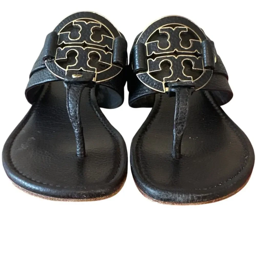 Tory Burch Amanda Thong Sandals Black Pebbled Leather 8.5 - Picture 2 of 11